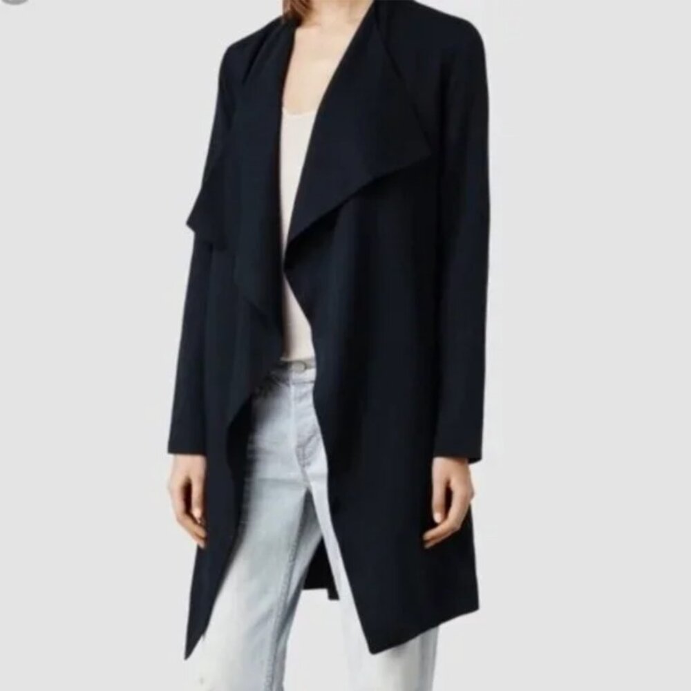 ALLSAINTS Hace Black Trench coat, size 2, silk back